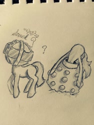 Size: 1920x2560 | Tagged: safe, artist:oldlunarlight, imported from derpibooru, oc, unnamed oc, earth pony, pony, diving helmet, helmet, monochrome, question mark, sketch, stuck, traditional art