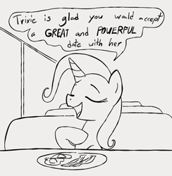 Size: 930x954 | Tagged: safe, artist:dotkwa, imported from derpibooru, trixie, pony, unicorn, bacon, date, egg (food), eyes closed, female, food, fried egg, grayscale, mare, meat, monochrome, open mouth, ponies eating meat, sitting, solo, speech bubble, talking to viewer