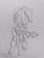 Size: 3096x4128 | Tagged: safe, artist:cherro, imported from derpibooru, oc, oc only, oc:drillie, pony, semi-anthro, unicorn, bipedal, clothes, drill, solo, traditional art
