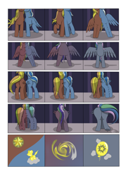 Size: 2904x4000 | Tagged: safe, artist:palibrik, imported from derpibooru, oc, oc:gusty guide, oc:shocker streak, oc:wonder weather, alicorn, earth pony, pegasus, pony, unicorn, comic:securing a sentinel, alicorn oc, broken, butt, carousel boutique, comic, commissioner:bigonionbean, cutie mark, drunk, flank, forced, fused legs, fusion, fusion:compass star, fusion:evening star, fusion:party favor, fusion:thunderlane, high res, horn, large butt, magic, male, merge, merging, offscreen character, plot, ponyville, potion, sequence, shattered, shocked, simple background, stallion, tail, wings, writer:bigonionbean