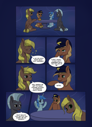 Size: 2904x4000 | Tagged: safe, artist:palibrik, imported from derpibooru, compass star, evening star, party favor, thunderlane, oc, earth pony, pegasus, pony, unicorn, comic:securing a sentinel, carousel boutique, comic, commissioner:bigonionbean, dialogue, drunk, hat, high res, horn, in his head, magic, male, offscreen character, ponyville, simple background, sitting, stallion, table, tail, wings, writer:bigonionbean