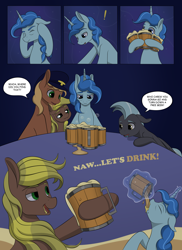 Size: 2904x4000 | Tagged: safe, artist:palibrik, imported from derpibooru, compass star, evening star, party favor, thunderlane, oc, earth pony, pegasus, pony, unicorn, comic:securing a sentinel, alcohol, beer mug, carousel boutique, comic, commissioner:bigonionbean, confusion, dialogue, drinking, drunk, hat, high res, horn, in his head, magic, male, mug, offscreen character, ponyville, salivating, simple background, sitting, stallion, table, tail, wings, writer:bigonionbean