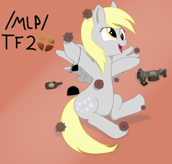 Size: 3568x3413 | Tagged: safe, artist:anonymous, imported from derpibooru, derpy hooves, pegasus, pony, /mlp/ tf2 general, bottle, crossover, cute, scrumpy, solo, stickybomb, stickybomb launcher, team fortress 2