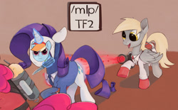 Size: 1500x927 | Tagged: safe, anonymous artist, imported from derpibooru, derpy hooves, pinkie pie, rarity, pegasus, pony, unicorn, /mlp/ tf2 general, crossover, disguise, imminent death, medic, pyro, rarispy, spy, team fortress 2