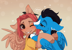 Size: 3000x2100 | Tagged: safe, artist:trickate, imported from derpibooru, oc, oc only, oc:enduro elite, pegasus, pony, blushing, cheek fluff, female, floppy ears, licking, male, mlem, one ear down, silly, straight, tongue out