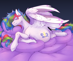 Size: 1200x1000 | Tagged: safe, artist:dereketto, imported from derpibooru, oc, oc:unya, pegasus, pony, male, male pregnancy, paternity mark, pillow, pregnant, solo
