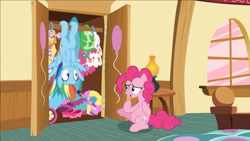 Size: 1919x1079 | Tagged: safe, imported from derpibooru, screencap, gummy, pinkie pie, rainbow dash, earth pony, pegasus, pony, 28 pranks later, closet, clothes, cute, dashabetes, duo, duo female, female, hanging, hanging upside down, laughing, party cannon, smiling, sugarcube corner, upside down