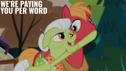 Size: 1280x720 | Tagged: safe, edit, edited screencap, editor:quoterific, imported from derpibooru, screencap, big macintosh, granny smith, earth pony, pony, pinkie apple pie, season 4, duo, female, male, mare, open mouth, open smile, smiling, stallion