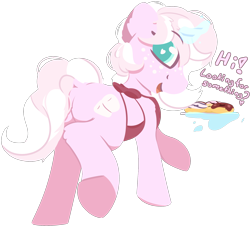 Size: 2052x1867 | Tagged: safe, artist:rhythmpixel, imported from derpibooru, oc, oc only, oc:marshmallow fluff, unicorn, apron, butt, clothes, dock, donut, female, food, looking at you, looking back, looking back at you, magic, mare, plot, simple background, solo, tail, transparent background