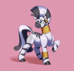 Size: 2694x2590 | Tagged: safe, artist:aquaticvibes, imported from derpibooru, zecora, zebra, cute, female, pink background, raised hoof, simple background, smiling, solo, zecorable
