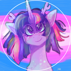 Size: 3500x3500 | Tagged: safe, artist:yumkandie, imported from derpibooru, twilight sparkle, oc, deer, deer pony, original species, pony, unicorn, unideer, antlers, bangs, chest fluff, ear fluff, female, freckles, high res, ponysona, short hair, solo, swirly eyes, twisona