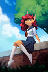 Size: 1476x2218 | Tagged: safe, artist:mrscroup, imported from derpibooru, oc, anthro, plantigrade anthro, unicorn, clothes, missing shoes, sailor uniform, socks, solo, stocking feet, uniform