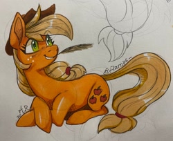 Size: 2048x1670 | Tagged: safe, artist:aarops, imported from derpibooru, applejack, earth pony, pony, cowboy hat, female, hat, mare, marker drawing, misleading thumbnail, solo, straw in mouth, traditional art