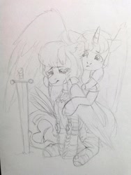 Size: 972x1296 | Tagged: safe, imported from derpibooru, princess celestia, oc, oc:light knight, alicorn, pegasus, armor, clothes, crying, dress, hug, knight, pegasus oc, sad, sword, traditional art, weapon