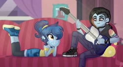 Size: 1890x1037 | Tagged: safe, artist:teonnakatztkgs, imported from derpibooru, oc, oc only, equestria girls, clothes, converse, duo, electric guitar, female, guitar, indoors, interspecies offspring, male, musical instrument, offspring, one eye closed, parent:discord, parent:rainbow dash, parent:soarin', parents:discodash, parents:soarindash, shoes, smiling, wink