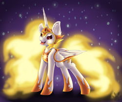 Size: 2683x2236 | Tagged: safe, artist:maneblue, imported from derpibooru, daybreaker, alicorn, pony, a royal problem, ear fluff, female, hoof shoes, mane of fire, mare, night, open mouth, peytral, smiling, solo, stars