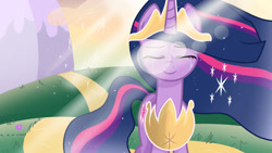 Size: 1280x720 | Tagged: safe, artist:sallyso, imported from derpibooru, twilight sparkle, alicorn, pony, the last problem, crying, female, jewelry, mare, older, older twilight, outdoors, peytral, princess twilight 2.0, sad smile, solo, tiara, twilight sparkle (alicorn)