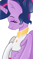 Size: 1080x1920 | Tagged: safe, artist:sallyso, imported from derpibooru, twilight sparkle, alicorn, pony, the last problem, alternate hairstyle, bust, clothes, eyelashes, female, mare, older, older twilight, peytral, princess twilight 2.0, simple background, smiling, solo, twilight sparkle (alicorn), white background, wing hole