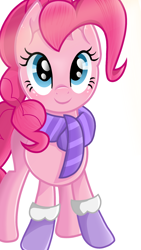 Size: 1080x1920 | Tagged: safe, artist:sallyso, imported from derpibooru, pinkie pie, earth pony, pony, clothes, eyelashes, female, gloves, mare, scarf, simple background, smiling, solo, white background