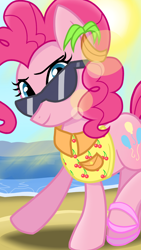 Size: 1080x1920 | Tagged: safe, artist:sallyso, imported from derpibooru, pinkie pie, earth pony, pony, beach, eyelashes, female, mare, outdoors, smiling, solo, sunglasses