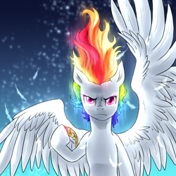 Size: 2000x2000 | Tagged: safe, artist:not-ordinary-pony, derpibooru exclusive, imported from derpibooru, rainbow dash, pegasus, pony, element of loyalty, female, glowing, glowing eyes, glowing mane, mare, solo, spread wings, super rainbow dash, wings