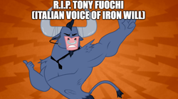 Size: 888x499 | Tagged: safe, edit, edited screencap, imported from derpibooru, screencap, iron will, minotaur, putting your hoof down, season 2, caption, eyes closed, gritted teeth, image macro, in memoriam, male, rest in peace, solo, text, tony fuochi, voice actor