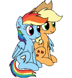 Size: 837x898 | Tagged: safe, artist:dyonys, imported from derpibooru, applejack, rainbow dash, earth pony, pegasus, pony, animated, appledash, applejack's hat, blinking, blushing, cheek kiss, cowboy hat, cute, duo, duo female, februpony, female, gif, hat, hooves, hug, kissing, lesbian, loop, mare, perfect loop, pixel art, romantic, shipping, simple background, sitting, smiling, transparent background, winghug, wings