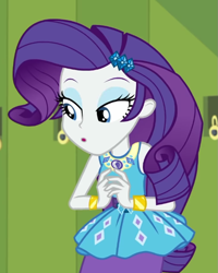 Size: 745x932 | Tagged: safe, imported from derpibooru, screencap, rarity, equestria girls, equestria girls series, holidays unwrapped, spoiler:eqg series (season 2), bracelet, canterlot high, cropped, female, geode of shielding, jewelry, lockers, magical geodes, o come all ye squashful, rarity peplum dress, solo