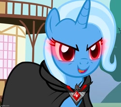 Size: 811x720 | Tagged: safe, imported from derpibooru, screencap, trixie, pony, unicorn, magic duel, alicorn amulet, cape, clothes, cropped, evil trixie, female, glowing, glowing eyes, mare, solo