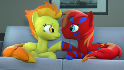 Size: 1920x1080 | Tagged: safe, artist:midnightdanny, imported from derpibooru, spitfire, oc, oc:light fire, pegasus, pony, 3d, couple, looking at each other, looking at someone, source filmmaker