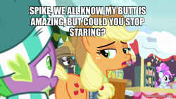 Size: 800x450 | Tagged: safe, edit, edited screencap, imported from derpibooru, screencap, applejack, burnt oak, cotton sky, spike, dragon, earth pony, pegasus, pony, best gift ever, applebutt, applespike, butt, caption, clothes, facial hair, female, hat, image macro, looking back, makeameme.org, male, mare, moustache, open mouth, plot, shipping, smiling, snow, stallion, straight, text, unamused, winter outfit