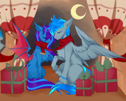 Size: 2500x2000 | Tagged: safe, artist:欲竹, imported from derpibooru, oc, oc:leaf blade, unnamed oc, bat pony, pegasus, bat pony oc, clothes, crescent moon, female, male, moon, scarf, shared clothing, shared scarf, straight