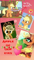 Size: 1044x1856 | Tagged: safe, artist:decokenite, imported from derpibooru, applejack, earth pony, pony, book:friendship scrapbook, collage, cropped, designs, eating, female, herbivore, mare, photo, scrapbook, smiling