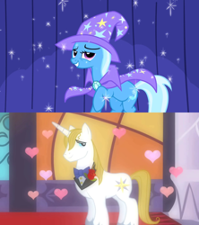 Size: 1280x1440 | Tagged: safe, edit, edited screencap, imported from derpibooru, screencap, prince blueblood, trixie, pony, unicorn, boast busters, the best night ever, bluetrix, cape, clothes, female, hat, heart, male, mare, shipping, shipping domino, sparkles, stallion, straight, trixie's cape, trixie's hat