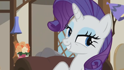 Size: 1920x1080 | Tagged: safe, imported from derpibooru, screencap, rarity, pony, unicorn, it isn't the mane thing about you, season 7, eyelashes, female, grin, horn, lidded eyes, mare, smiling, solo