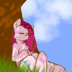 Size: 768x768 | Tagged: safe, artist:metaruscarlet, imported from derpibooru, pinkie pie, earth pony, pony, eyes closed, female, grass, mare, nap, pinkamena diane pie, sleeping, solo, tree