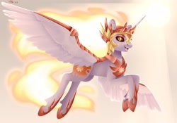 Size: 2860x2000 | Tagged: safe, artist:rdz, imported from derpibooru, daybreaker, alicorn, pony, female, flying, mane of fire, solo, sun