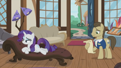 Size: 1920x1080 | Tagged: safe, imported from derpibooru, screencap, davenport, rarity, earth pony, pony, unicorn, it isn't the mane thing about you, season 7, female, hoof hold, hooves, horn, indoors, lidded eyes, lying down, male, mare, on side, raised eyebrow, shadow, smiling, stallion, standing