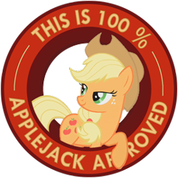 Size: 269x269 | Tagged: safe, artist:ambris, imported from derpibooru, applejack, pony, approval, approved, bedroom eyes, cutie mark, female, hat, leaning, reaction image, seal of approval, simple background, smiling, solo, text, transparent background