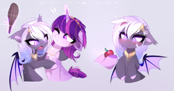 Size: 3666x1925 | Tagged: source needed, safe, artist:magnaluna, imported from derpibooru, oc, oc only, bat pony, pony, unicorn, apple, chest fluff, club, comic, cross-popping veins, duo, exclamation point, floppy ears, food, grumpy, magic, oc name needed, stick, swelling, telekinesis, weapon