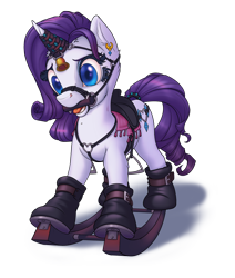 Size: 2368x2794 | Tagged: safe, artist:gor1ck, imported from derpibooru, rarity, pony, unicorn, bdsm, bell, bit gag, bondage, bound and gagged, female, femsub, gag, harness, magic suppression, rarisub, rocking horse, rocking horse bondage, saddle, simple background, solo, submissive, tack, transparent background