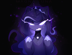 Size: 2894x2206 | Tagged: source needed, safe, artist:magnaluna, imported from derpibooru, princess luna, alicorn, pony, angry, female, glowing, glowing eyes, jewelry, necklace, simple background, solo, tiara