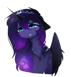 Size: 2434x2663 | Tagged: source needed, safe, artist:magnaluna, imported from derpibooru, princess luna, alicorn, pony, crying, ethereal mane, female, floppy ears, jewelry, necklace, sad, simple background, solo, tiara, white background