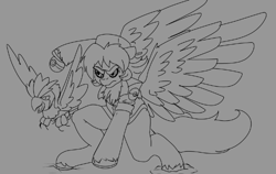 Size: 625x396 | Tagged: safe, artist:brainiac, imported from derpibooru, oc, oc:hunters moon, pegasus, pidgey, brainiacs sketchbook (set), female, mare, pokémon, pokémon trainer, sketch, solo