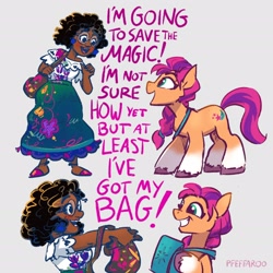 Size: 2096x2096 | Tagged: safe, artist:pfeffaroo, imported from derpibooru, sunny starscout, earth pony, human, pony, bag, crossover, disney, duo, duo female, encanto, female, g5, glasses, mare, mirabel madrigal, my little pony: a new generation, satchel, signature, twilight sparkle's cutie mark