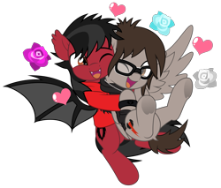 Size: 5859x5000 | Tagged: safe, artist:jhayarr23, imported from derpibooru, bat pony, pegasus, pony, undead, zombie, bat wings, bone, clothes, commission, dock, duo, duo male, ear fluff, fall out boy, fangs, flower, flying, from behind, gay, glasses, happy, heart, hoodie, hug, jewelry, long sleeves, looking at each other, looking at someone, male, mikey way, my chemical romance, necklace, one eye closed, open mouth, pete wentz, ponified, shipping, shirt, simple background, slit pupils, spread wings, stallion, t-shirt, tail, tattoo, transparent background, underhoof, wings, wristband, ych result