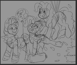 Size: 657x559 | Tagged: safe, artist:brainiac, imported from derpibooru, pinkie pie, oc, oc:heccin pepperino, oc:rio grande, earth pony, kirin, brainiacs sketchbook (set), bursting out of a cake, female, firefighter, male, mare, sketch, stallion