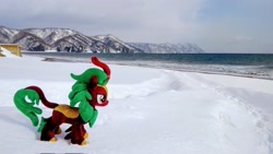 Size: 2048x1153 | Tagged: safe, imported from derpibooru, photographer:pakapaka1993, cinder glow, summer flare, kirin, pony, beach, irl, japan, ocean, photo, plushie, snow, solo, water, winter