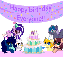 Size: 2642x2404 | Tagged: safe, artist:kb-gamerartist, imported from derpibooru, oc, oc only, oc:chloe adore, oc:elizabat stormfeather, oc:gerbera, oc:midnight, oc:rain sunburst, oc:tippy toes, alicorn, bat pony, bat pony alicorn, hippogriff, pegasus, pony, unicorn, alicorn oc, banner, bat pony oc, bat wings, birthday cake, cake, candle, choker, clothes, cute, ear piercing, earring, eyeshadow, fangs, female, flying, food, grin, hat, hippogriff oc, horn, jewelry, lipstick, makeup, mare, multicolored hair, party hat, party horn, piercing, plate, purple eyeshadow, purple lipstick, scarf, simple background, smiling, sunglasses, transparent background, wings