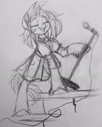 Size: 2311x2879 | Tagged: safe, artist:brainiac, imported from derpibooru, oc, oc:velvet remedy, pony, unicorn, fallout equestria, brainiacs sketchbook (set), female, mare, microphone, microphone stand, sketch, solo, traditional art